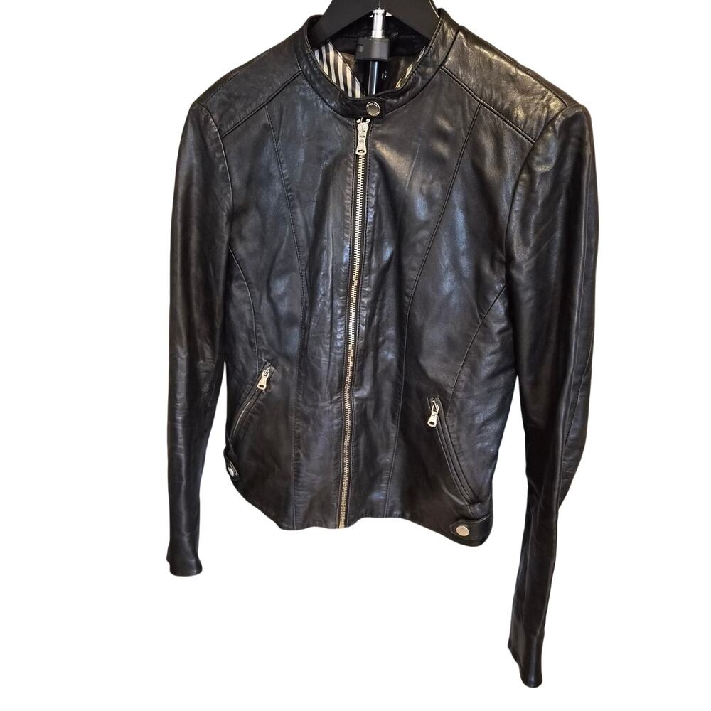 Massimo‎ Dutti Black Sheep Leather Moto Cafe Racer Jacket Striped Lining Small